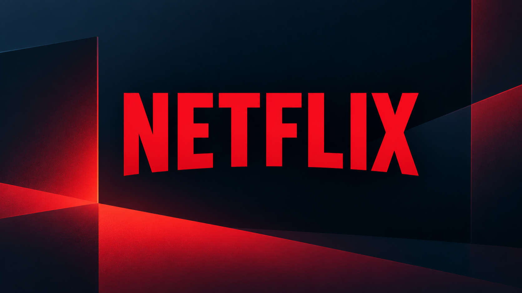 Roter Netflix-Schriftzug auf einem dunkelblauen, abstrakten Hintergrund mit geometrischen Formen und roten Lichtakzenten.